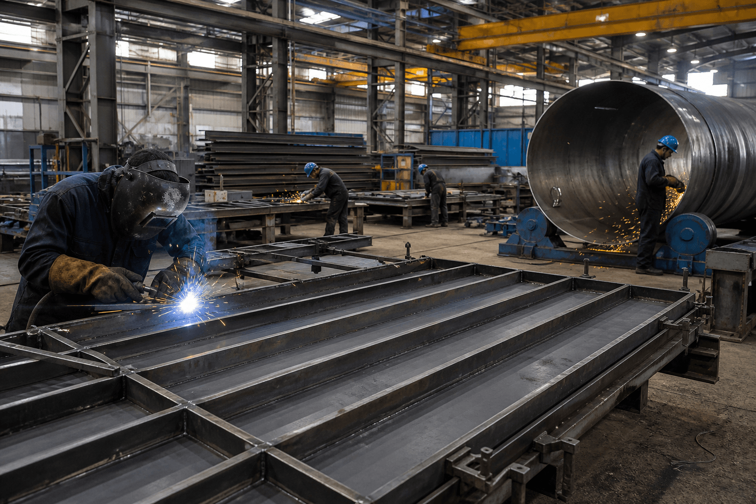 Workers fabricating industrial equipment