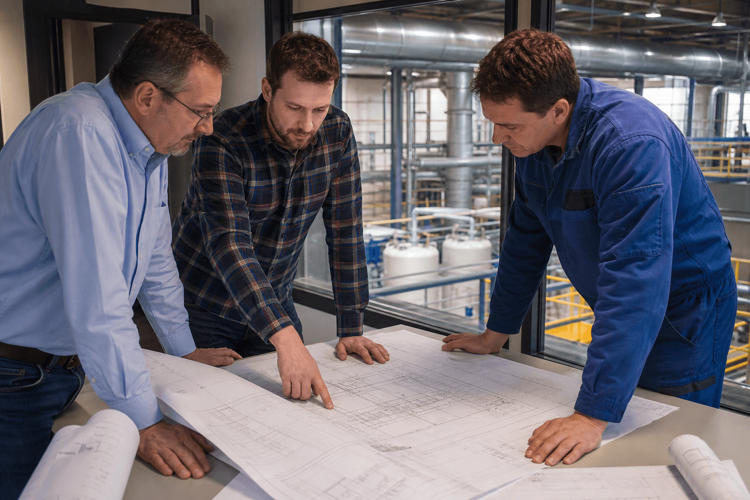 ClimaFab engineers reviewing industrial plant building designs