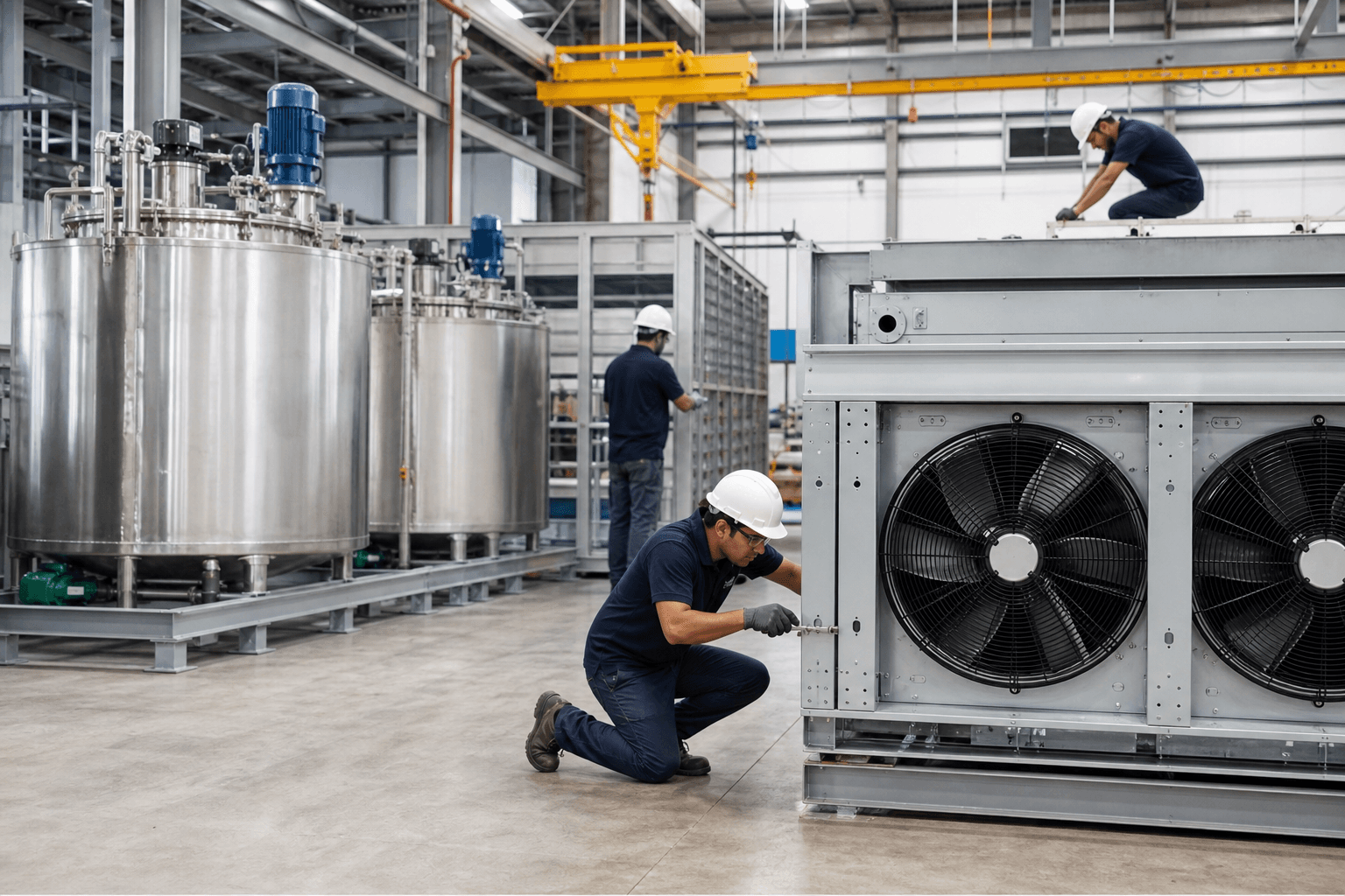 ClimaFab factory floor with mixing tanks, fans, and industrial workers